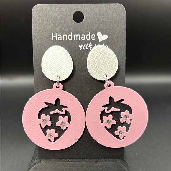 Pink Strawberry Dangle Earrings With Rhinestones - Picture 1 of 5